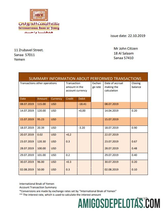 Modelo de extrato bancário do Yemen International Bank Of Yemen